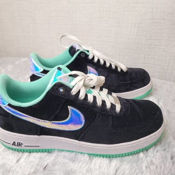 Nike Air Force 1 \'82 Black Velour Shoes Mens 8.5 Green Glow Shiny 498288-080